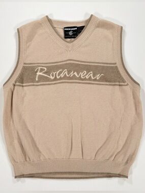 Rocawear Vintage Y2K Boys M 10/12 Sweater Vest Knit Spell Out Tan Beige Cotton